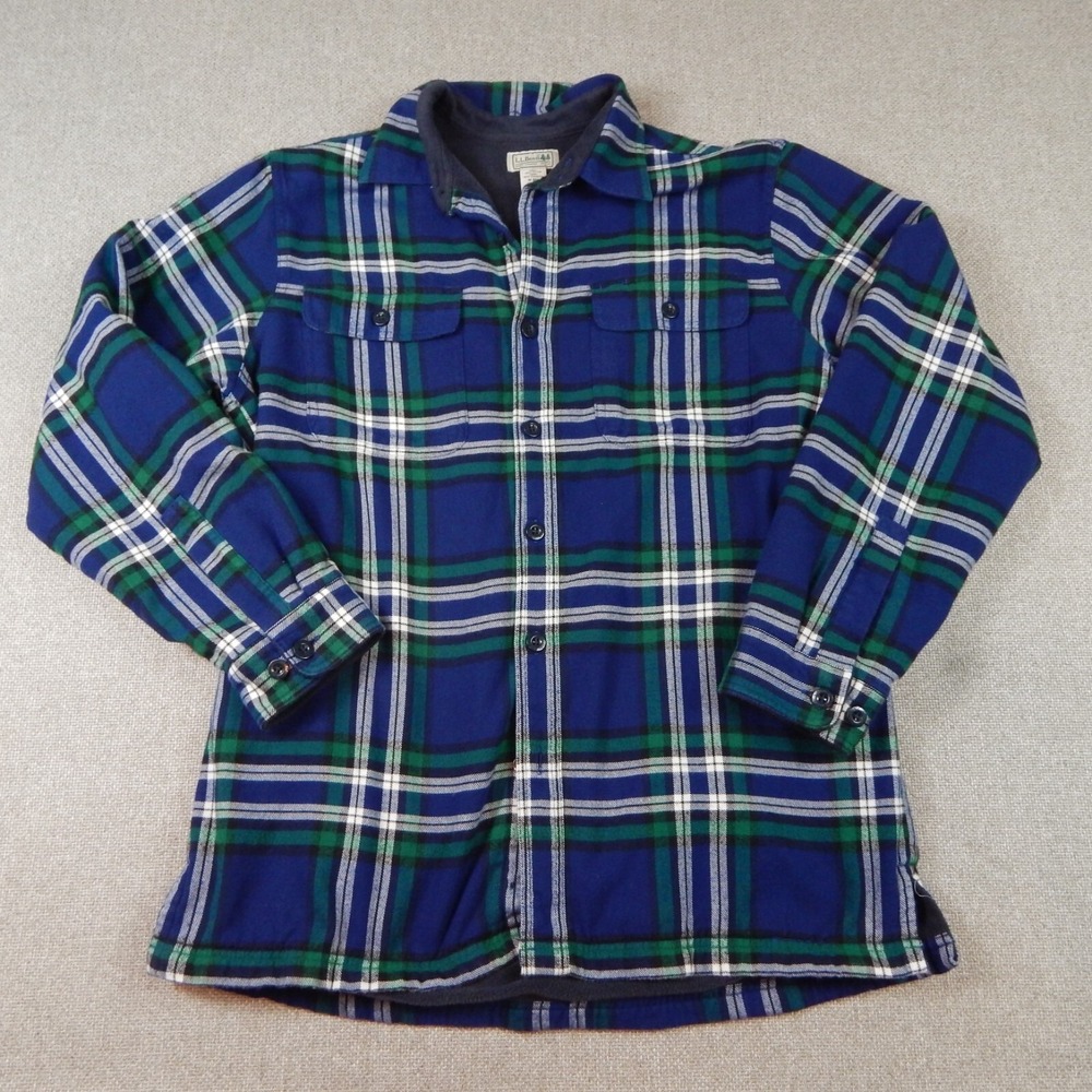 LL Bean Shirt Shacket Mens M Blue Long Sleeve Button Up Shirt‎ Cotton Plaid